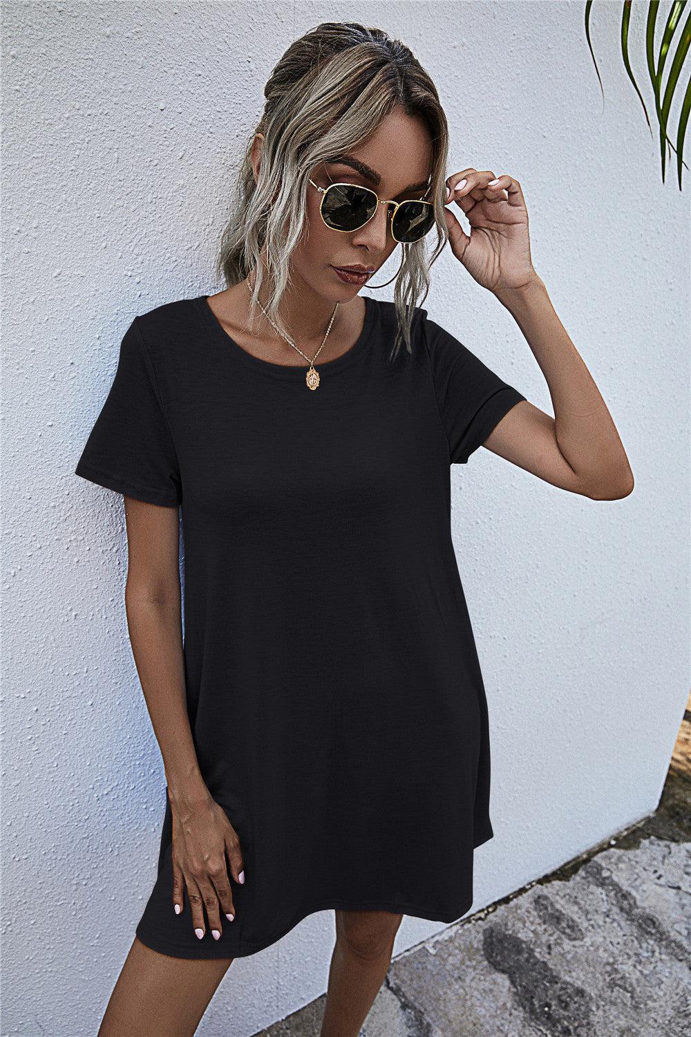 Round Neck Short Sleeve Mini Dress BLUE ZONE PLANET
