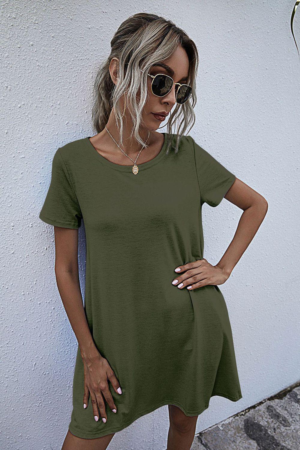 Round Neck Short Sleeve Mini Dress BLUE ZONE PLANET