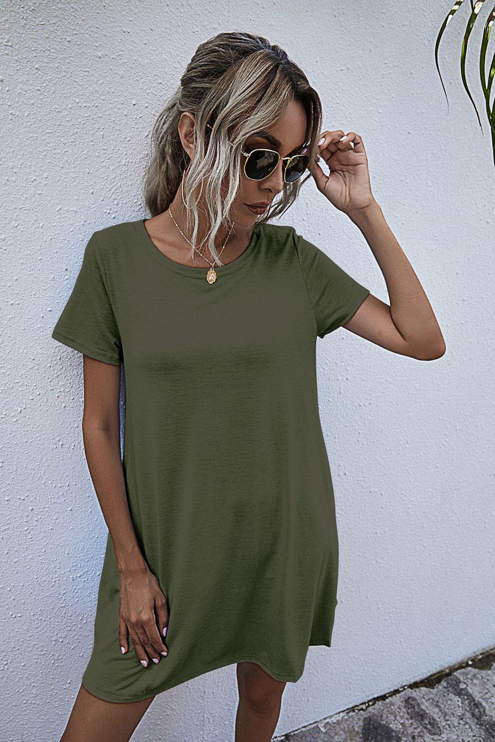 Round Neck Short Sleeve Mini Dress BLUE ZONE PLANET