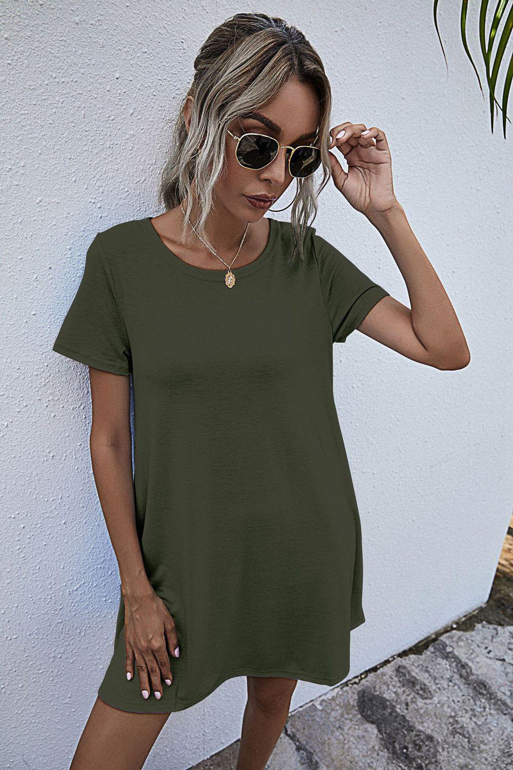 Round Neck Short Sleeve Mini Dress BLUE ZONE PLANET