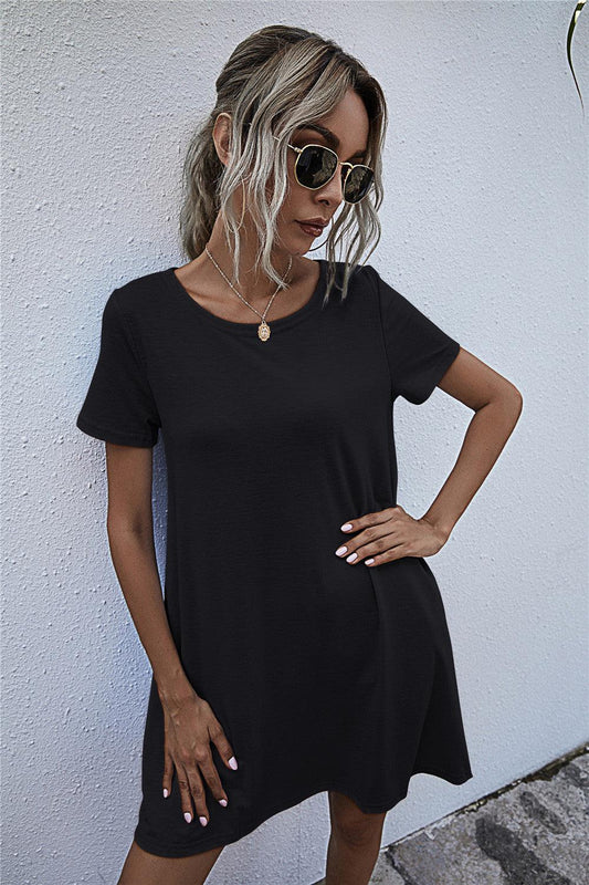 Round Neck Short Sleeve Mini Dress BLUE ZONE PLANET