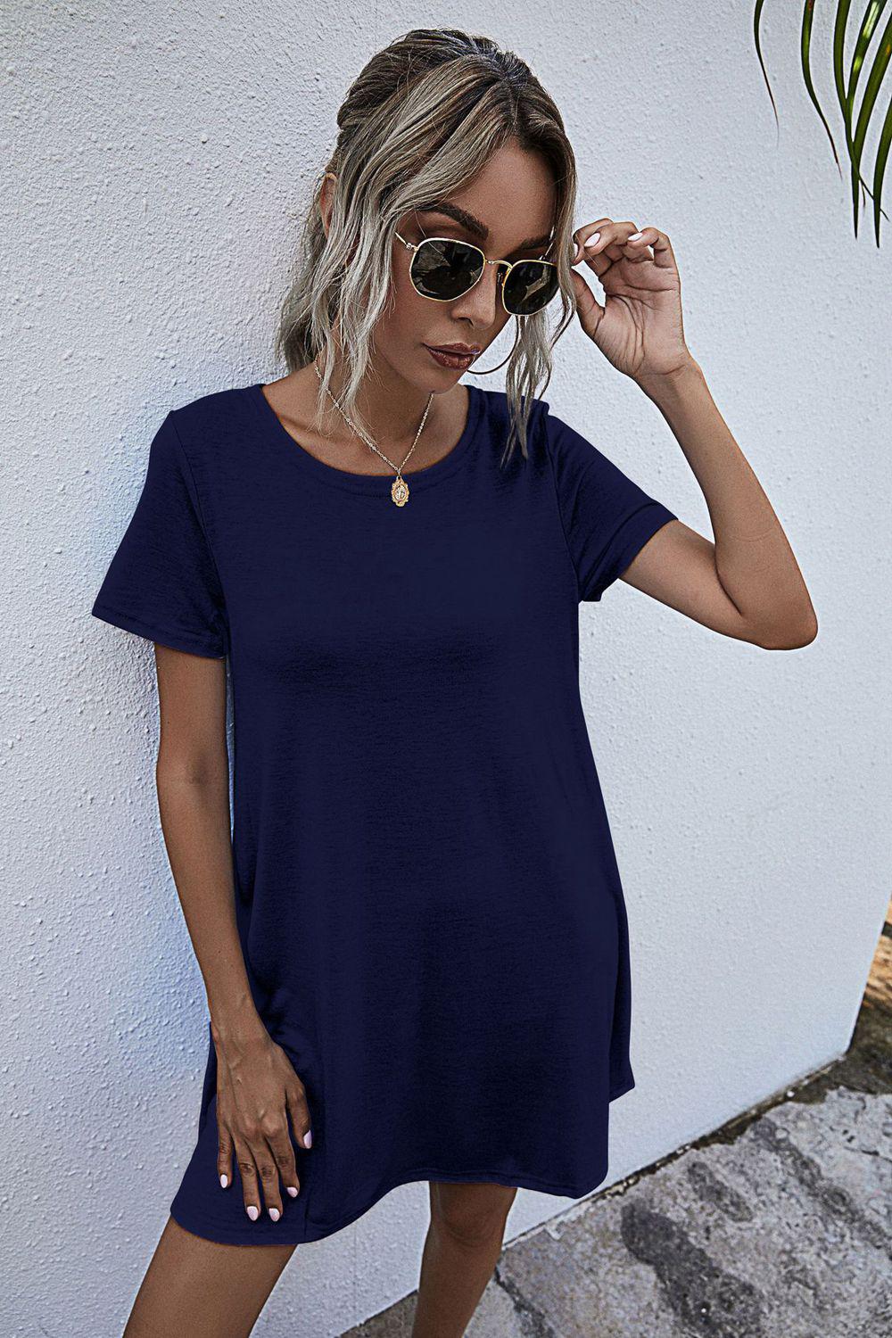 Round Neck Short Sleeve Mini Dress BLUE ZONE PLANET