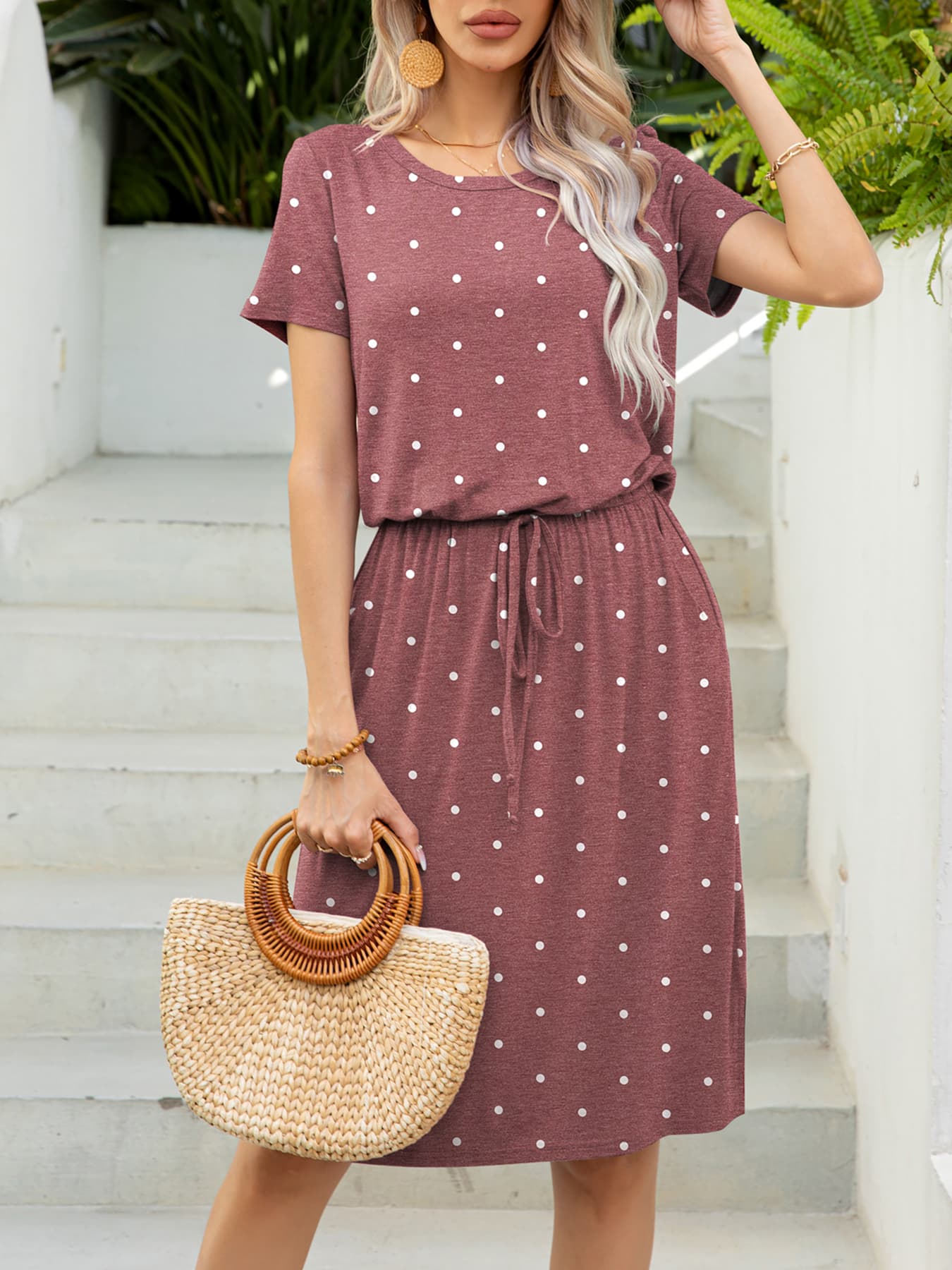Round Neck Short Sleeve Slit Dress with Pockets BLUE ZONE PLANET
