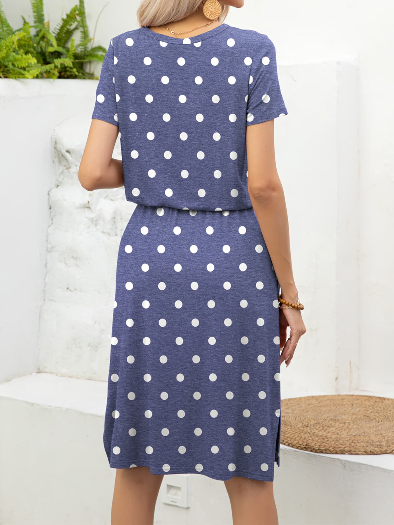 Round Neck Short Sleeve Slit Dress with Pockets BLUE ZONE PLANET