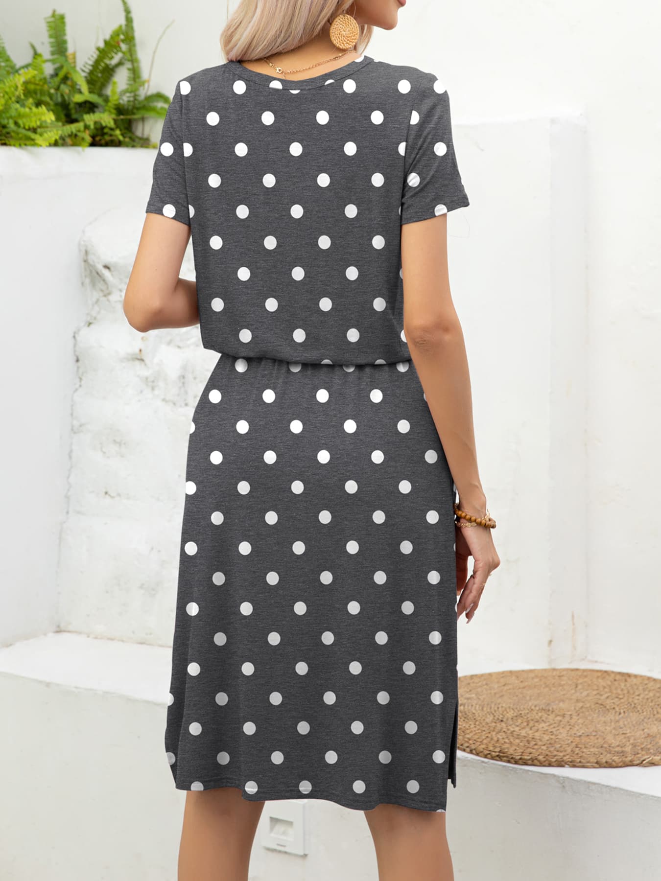 Round Neck Short Sleeve Slit Dress with Pockets BLUE ZONE PLANET