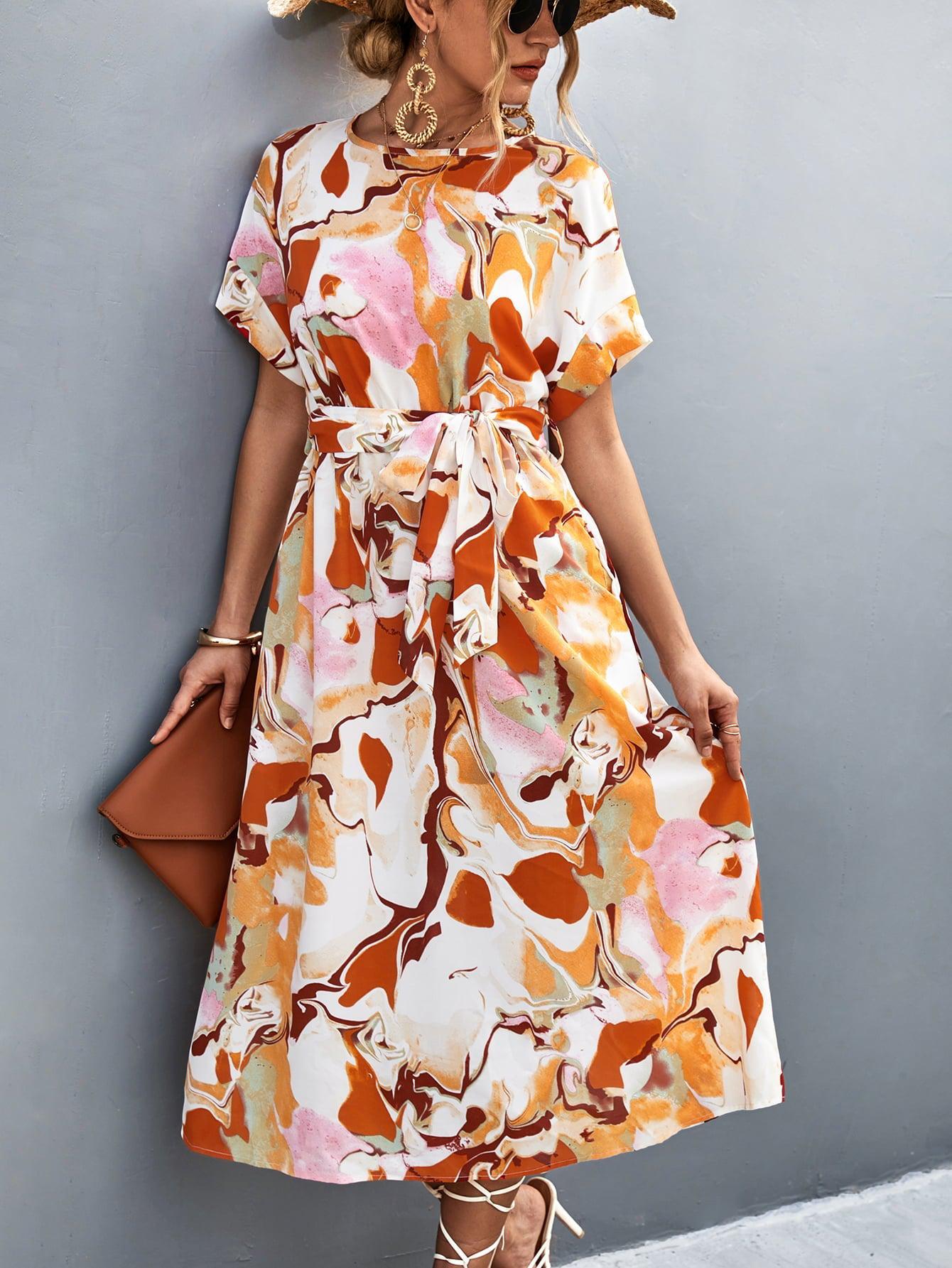 Round Neck Short Sleeve Tie Waist Midi Dress BLUE ZONE PLANET