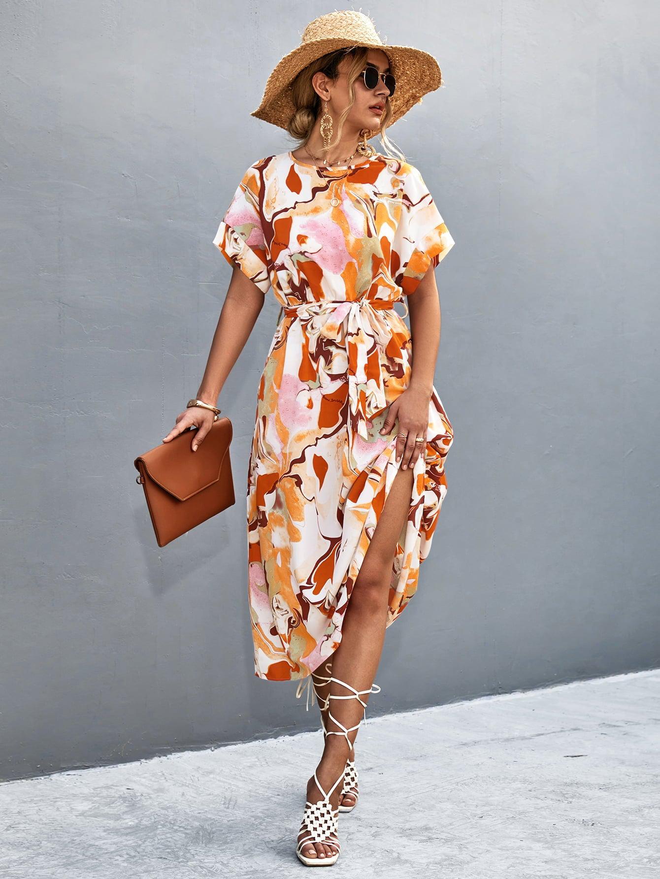 Round Neck Short Sleeve Tie Waist Midi Dress BLUE ZONE PLANET