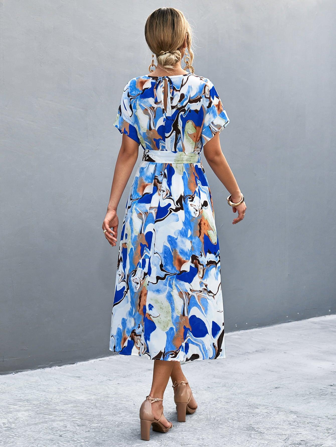 Round Neck Short Sleeve Tie Waist Midi Dress BLUE ZONE PLANET