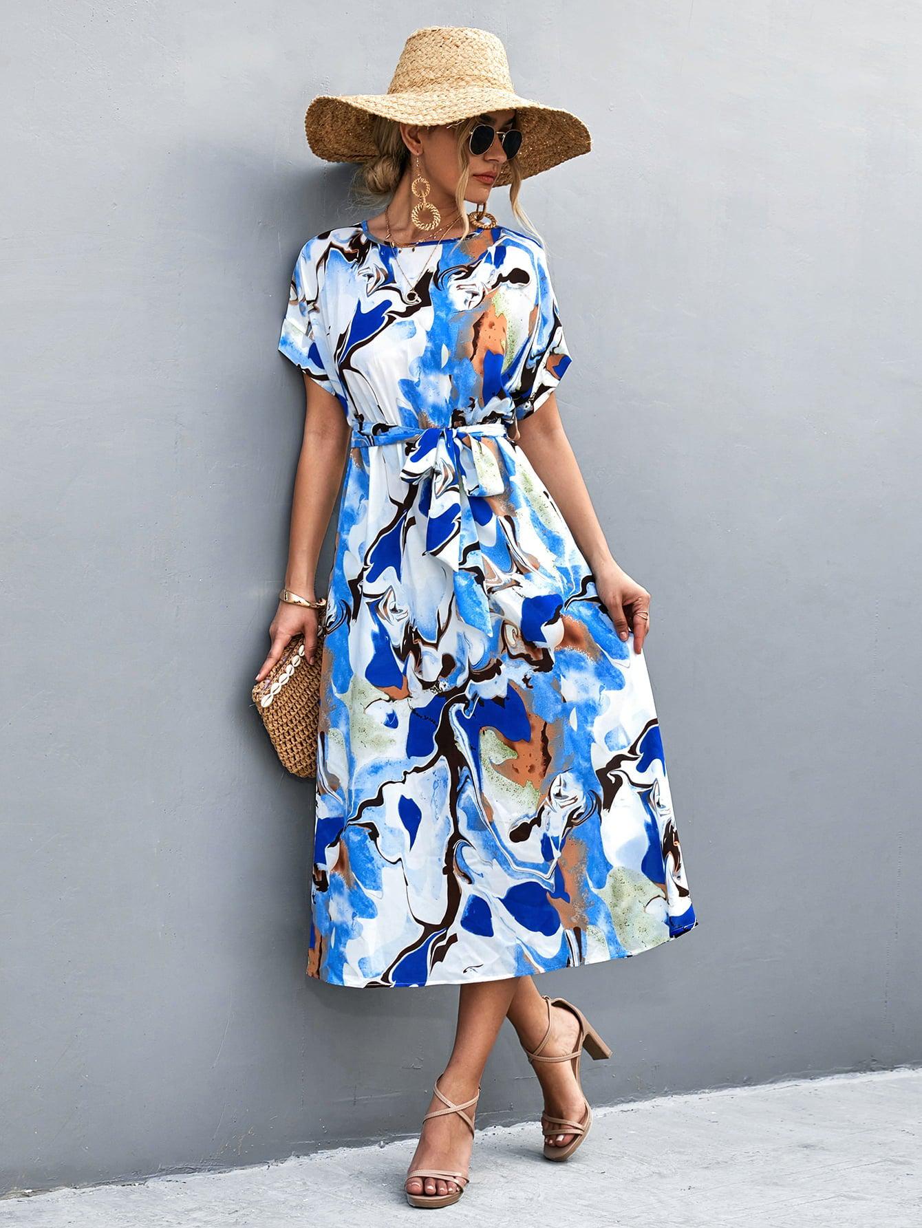 Round Neck Short Sleeve Tie Waist Midi Dress BLUE ZONE PLANET