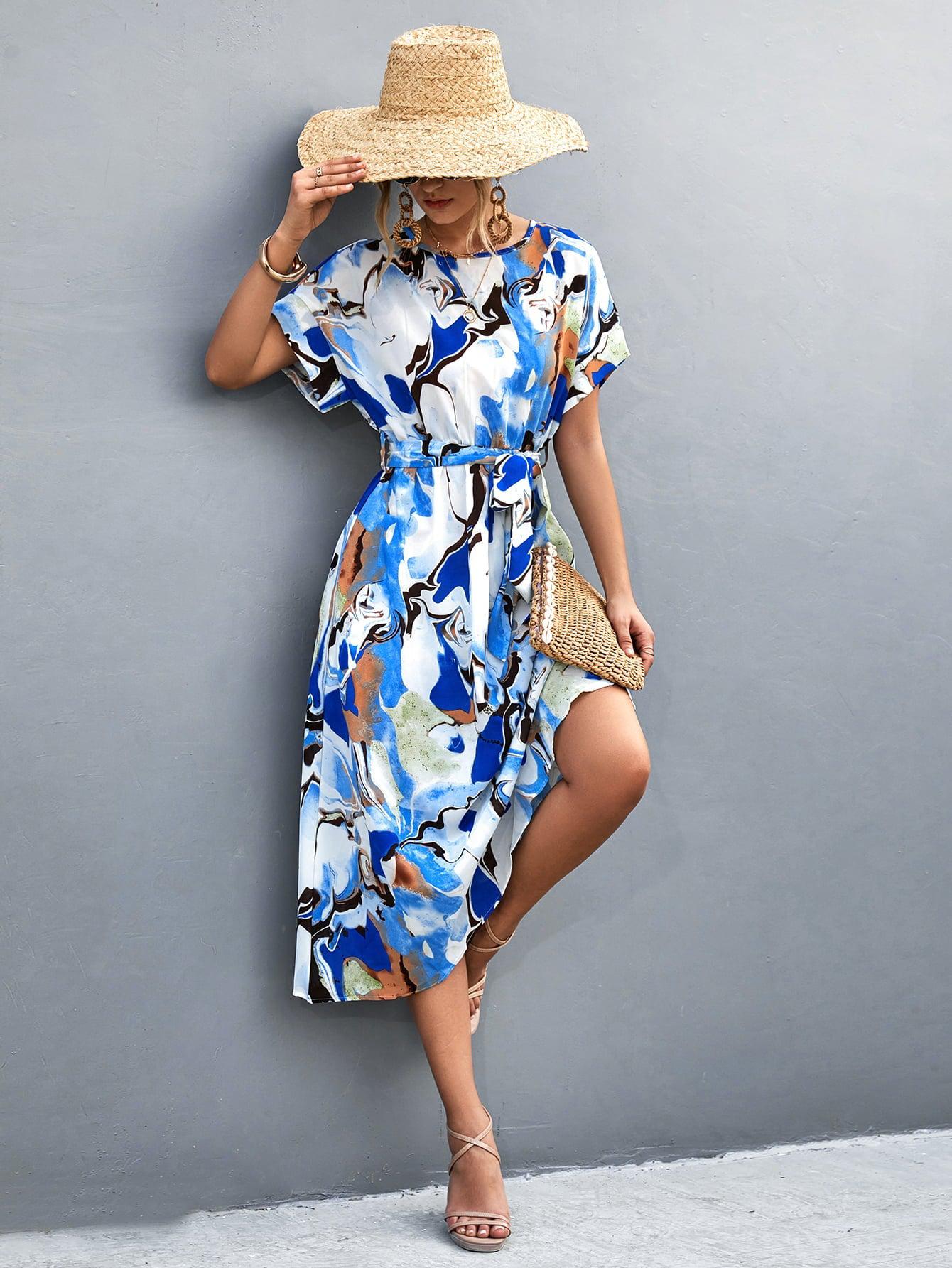 Round Neck Short Sleeve Tie Waist Midi Dress BLUE ZONE PLANET
