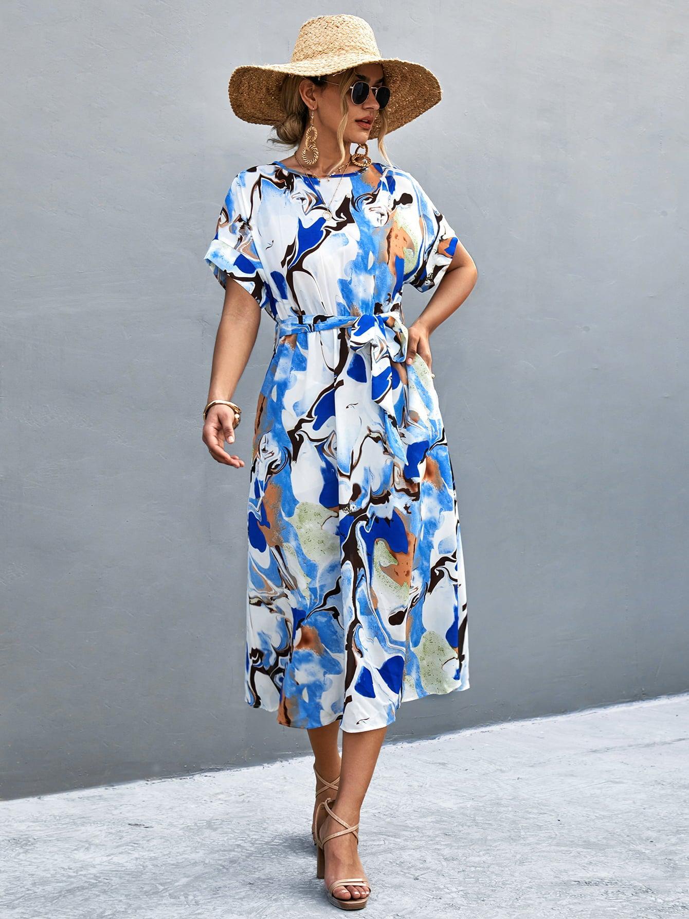 Round Neck Short Sleeve Tie Waist Midi Dress BLUE ZONE PLANET