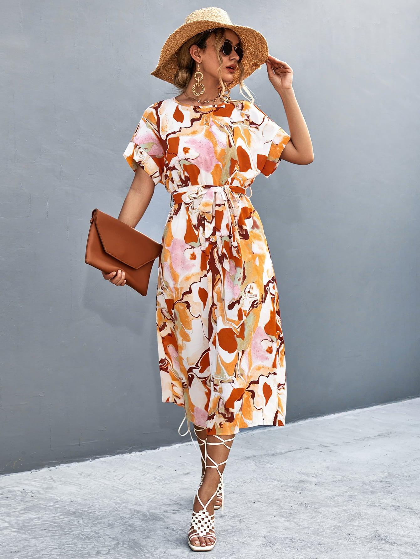 Round Neck Short Sleeve Tie Waist Midi Dress BLUE ZONE PLANET