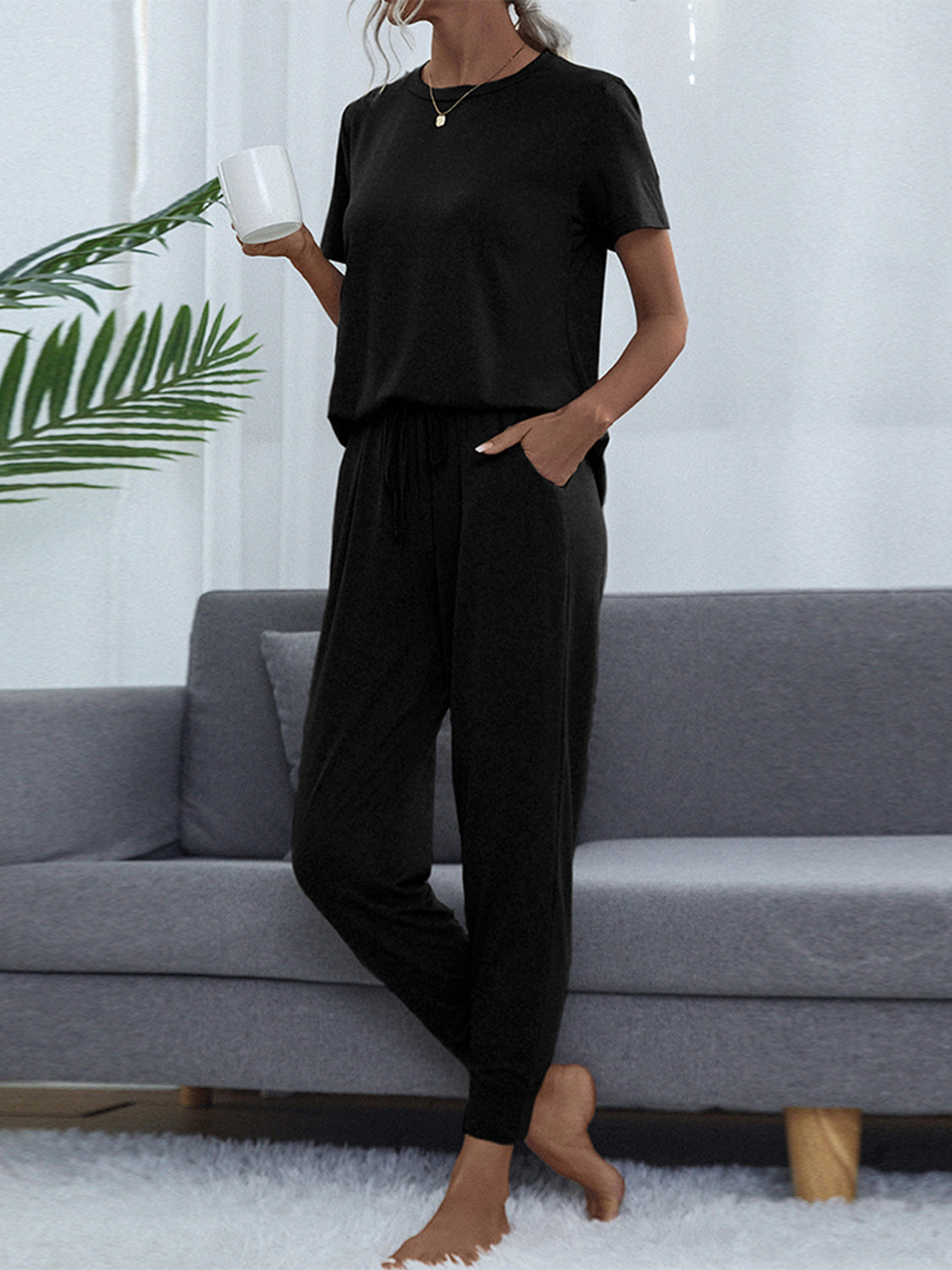 Round Neck Short Sleeve Top and Pants Set BLUE ZONE PLANET