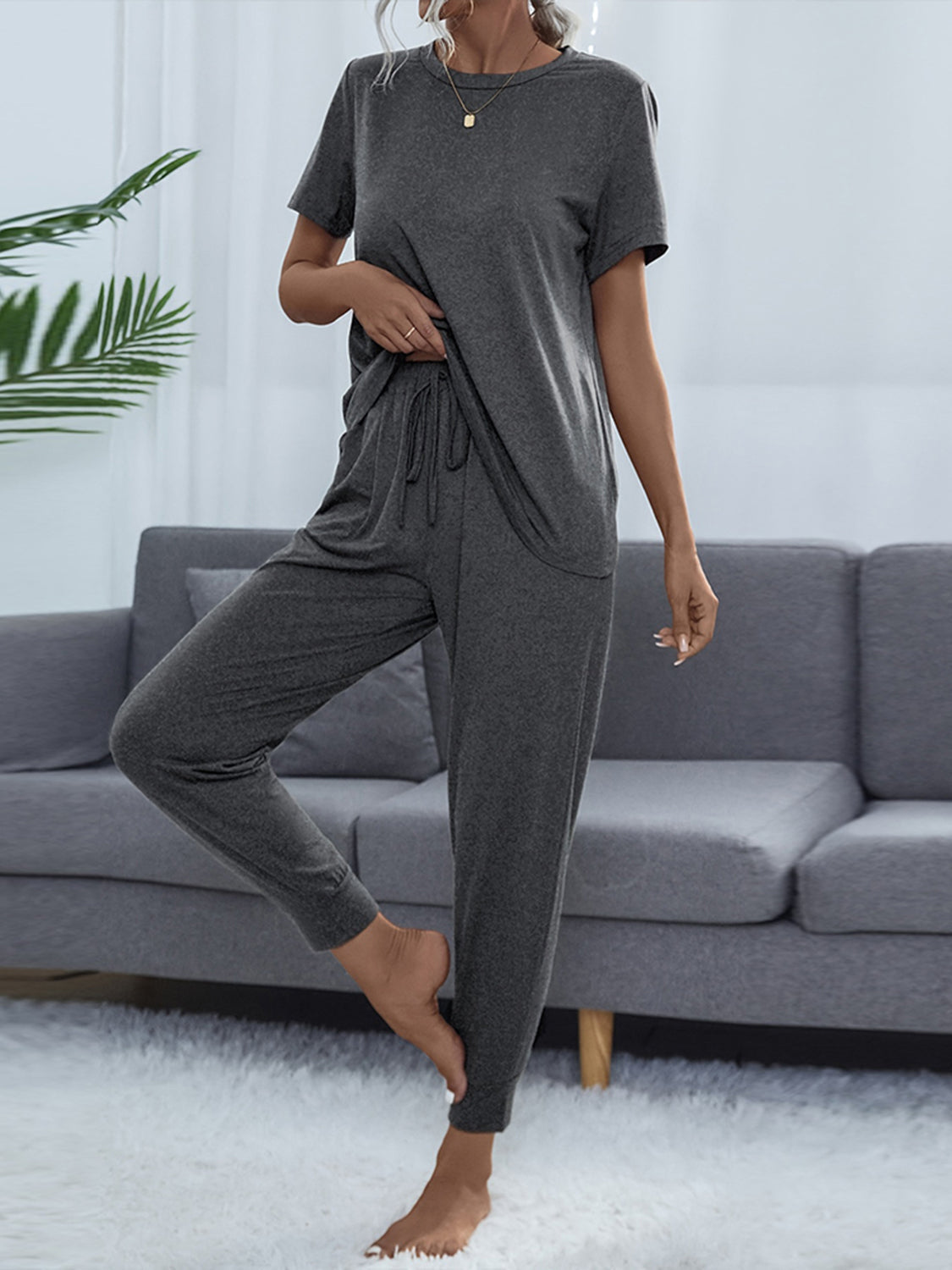 Round Neck Short Sleeve Top and Pants Set BLUE ZONE PLANET