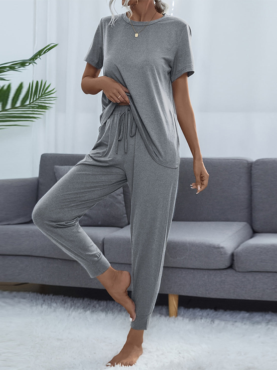 Round Neck Short Sleeve Top and Pants Set BLUE ZONE PLANET