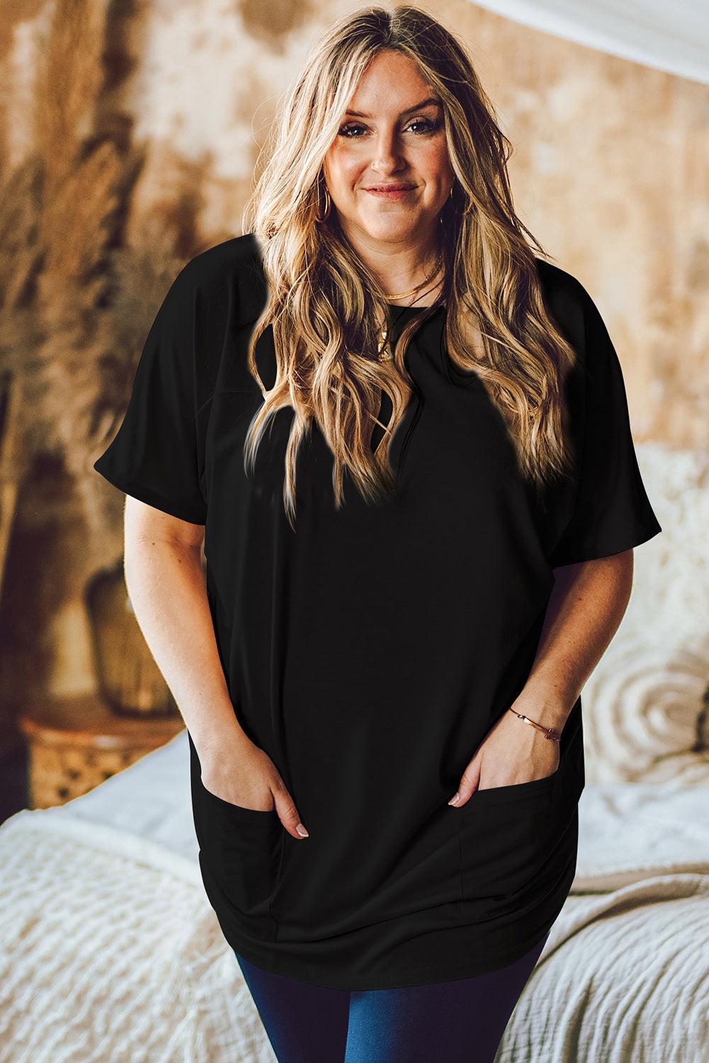 Round Neck Short Sleeve Top with Pockets BLUE ZONE PLANET