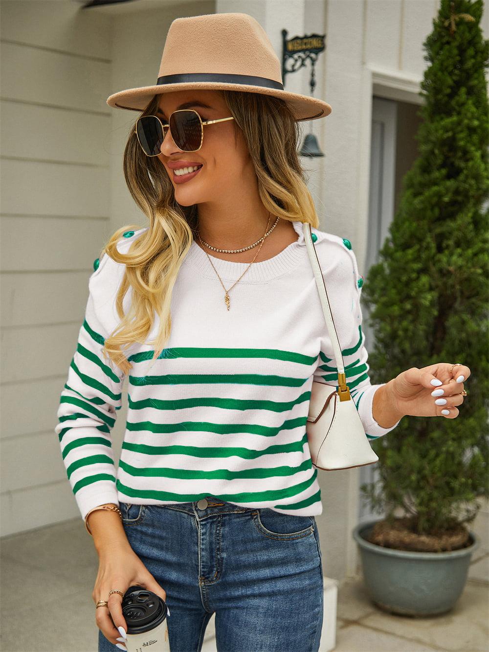 Round Neck Shoulder Button Striped Pullover Sweater BLUE ZONE PLANET