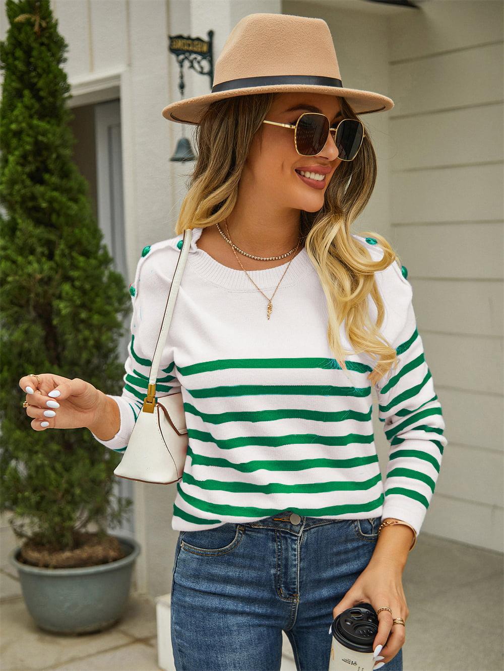 Round Neck Shoulder Button Striped Pullover Sweater BLUE ZONE PLANET