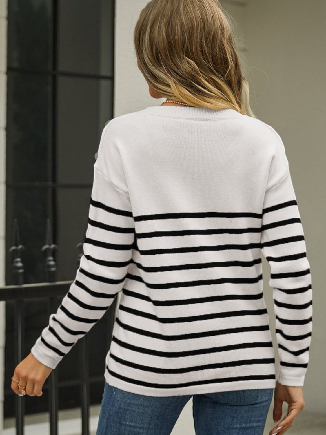 Round Neck Shoulder Button Striped Pullover Sweater BLUE ZONE PLANET