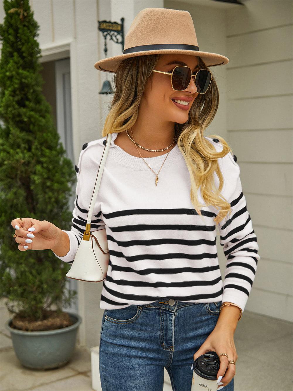 Round Neck Shoulder Button Striped Pullover Sweater BLUE ZONE PLANET