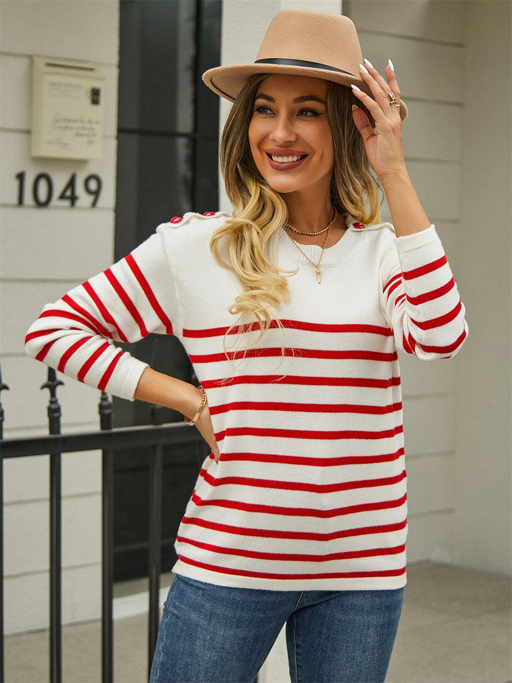 Round Neck Shoulder Button Striped Pullover Sweater BLUE ZONE PLANET
