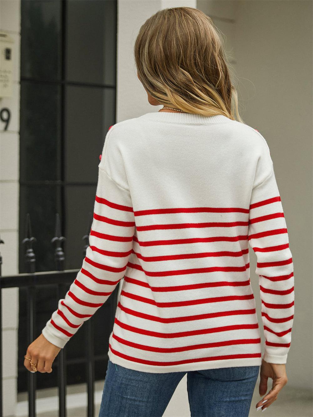 Round Neck Shoulder Button Striped Pullover Sweater BLUE ZONE PLANET