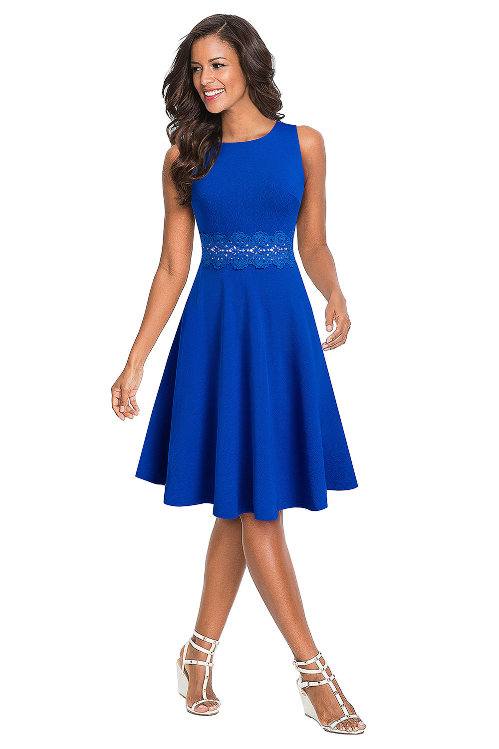 Round Neck Sleeveless Lace Trim Dress BLUE ZONE PLANET