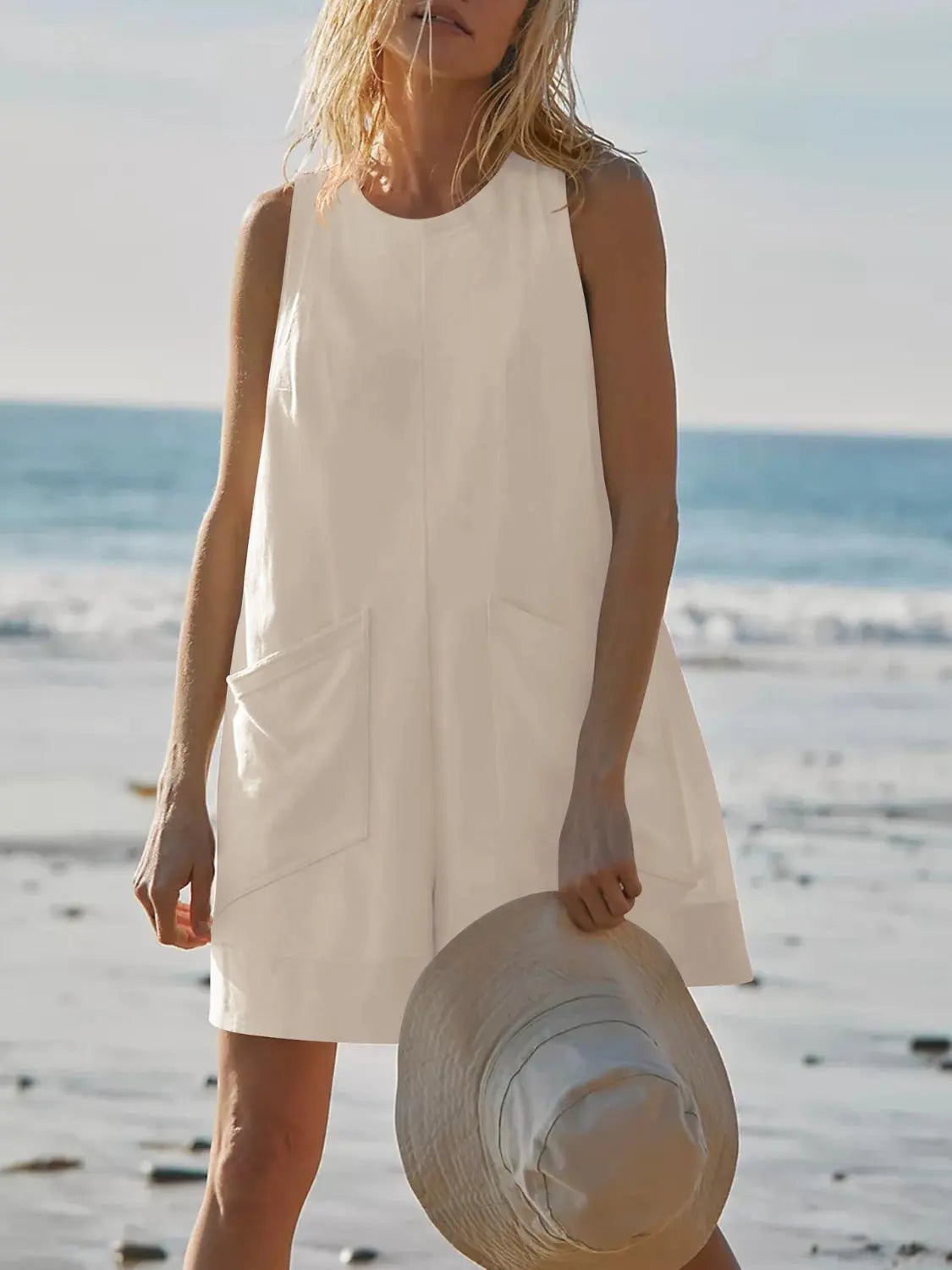 Round Neck Sleeveless Romper with Pockets BLUE ZONE PLANET