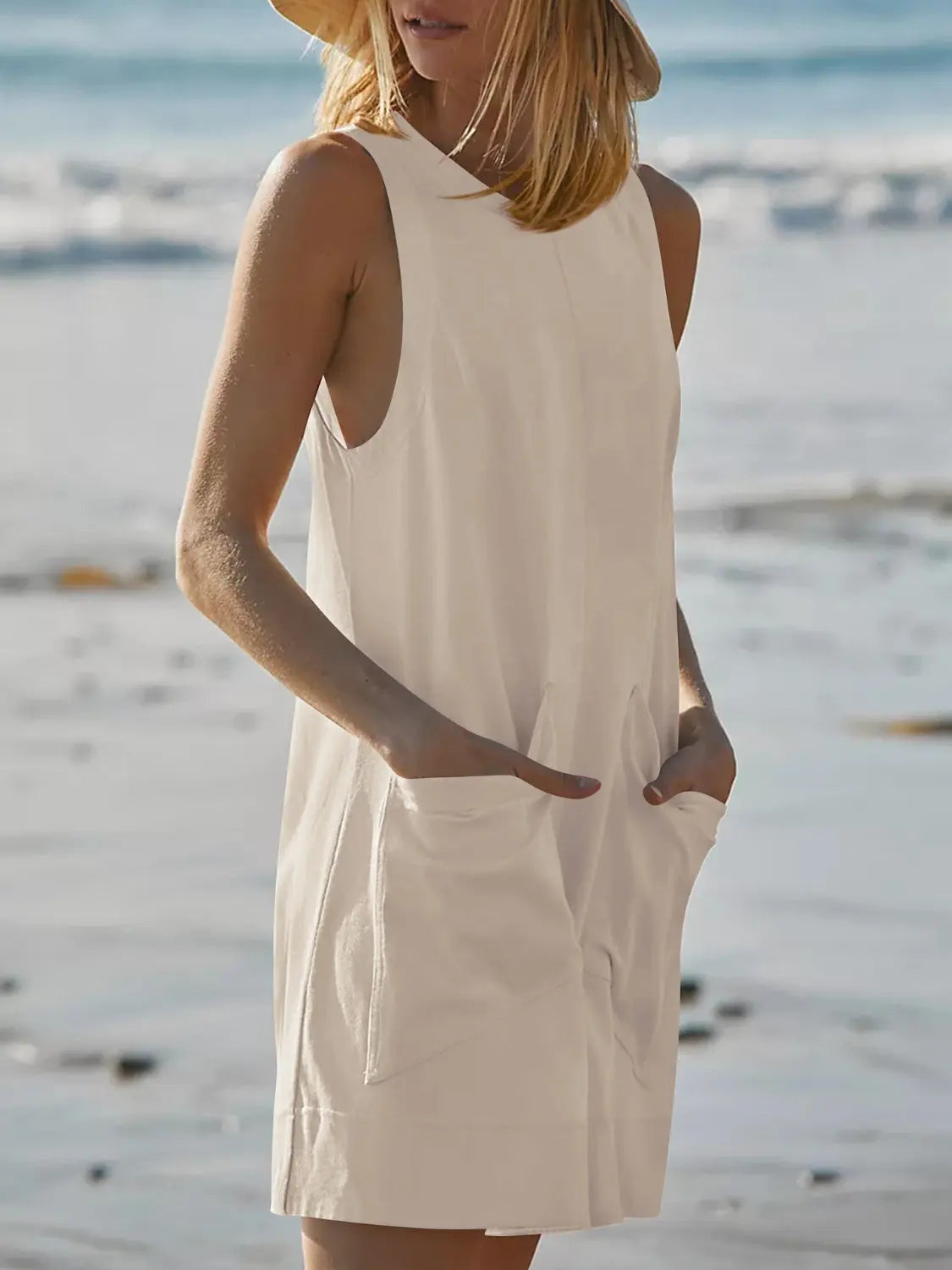 Round Neck Sleeveless Romper with Pockets BLUE ZONE PLANET