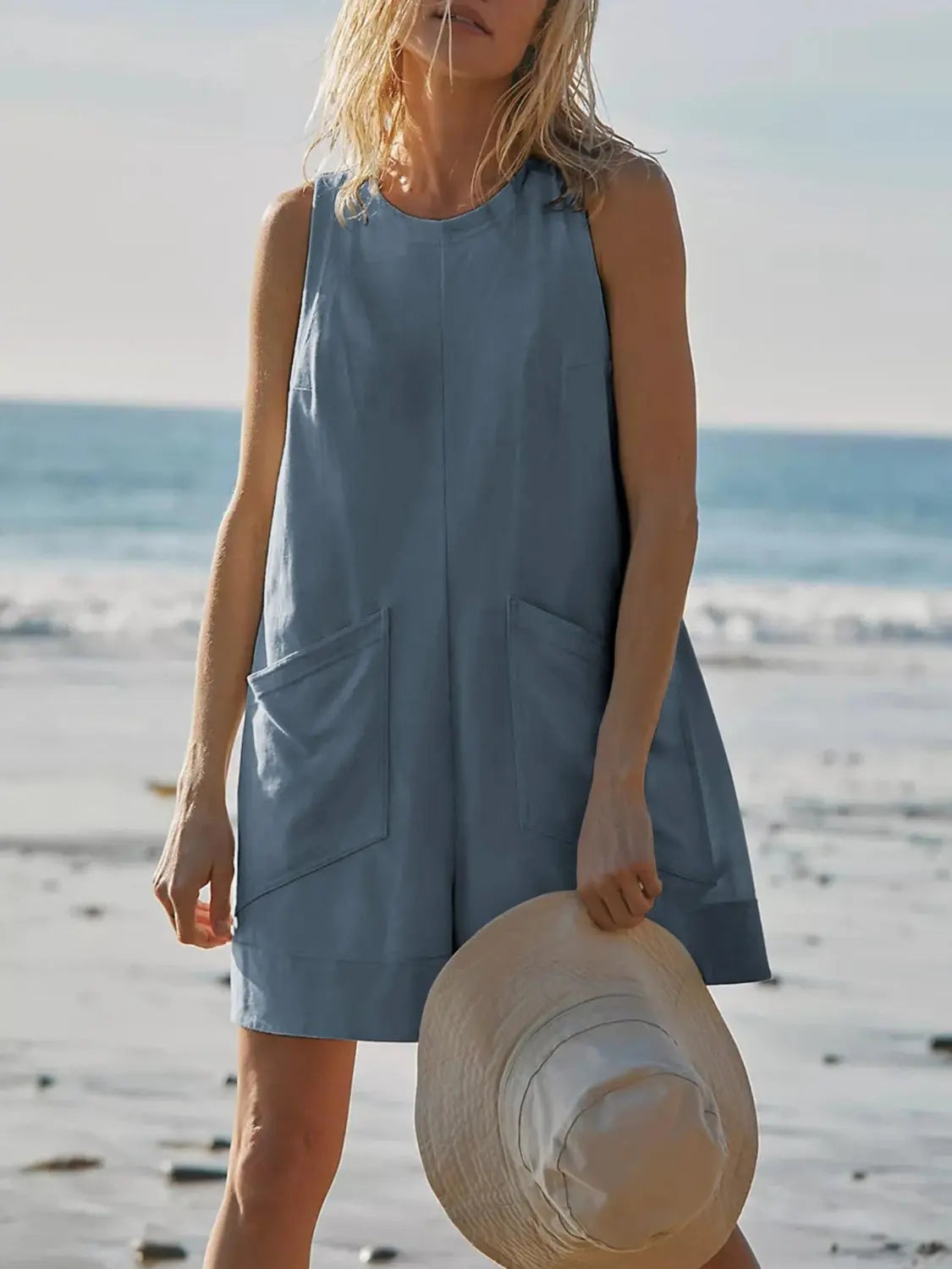 Round Neck Sleeveless Romper with Pockets BLUE ZONE PLANET