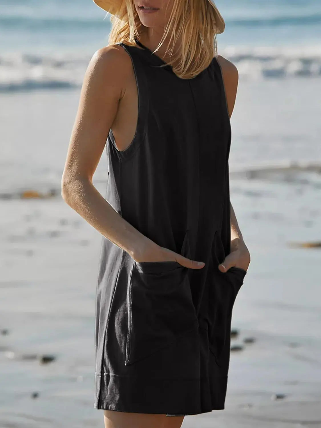 Round Neck Sleeveless Romper with Pockets BLUE ZONE PLANET