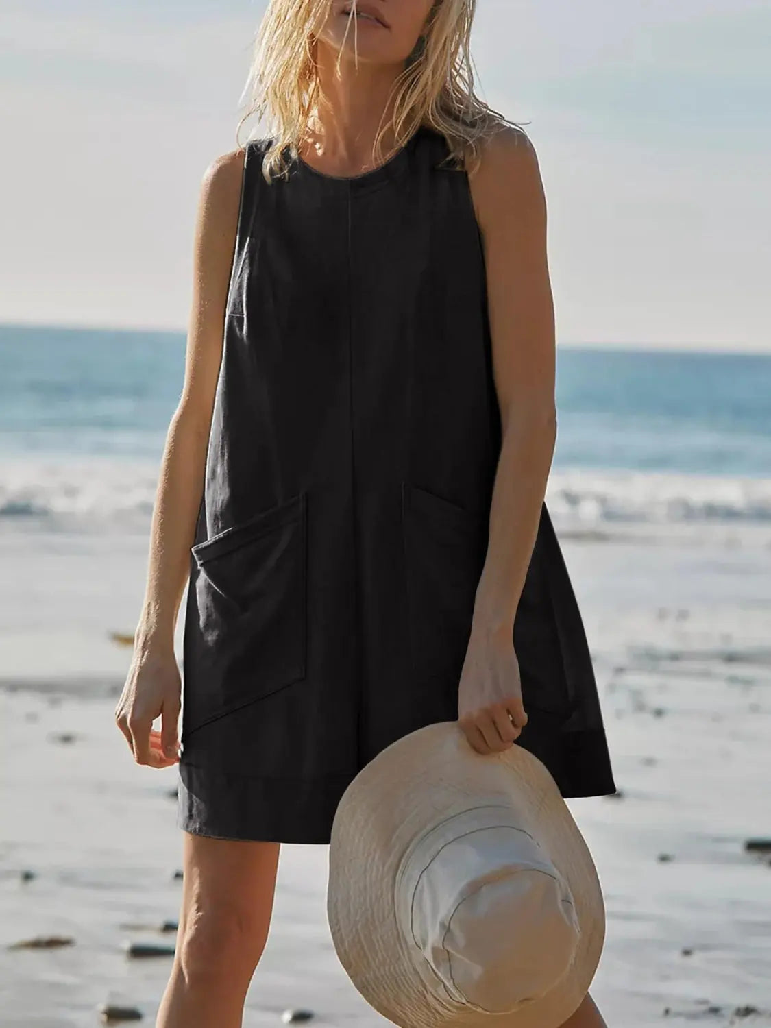 Round Neck Sleeveless Romper with Pockets BLUE ZONE PLANET