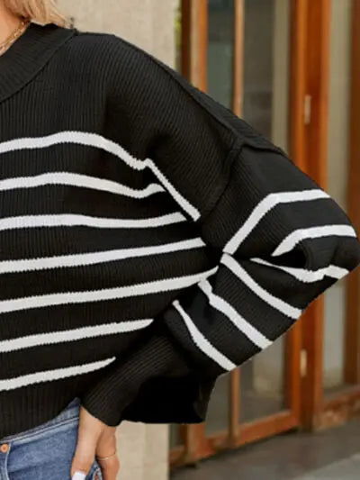 Round Neck Striped Lantern Sleeve Sweater BLUE ZONE PLANET