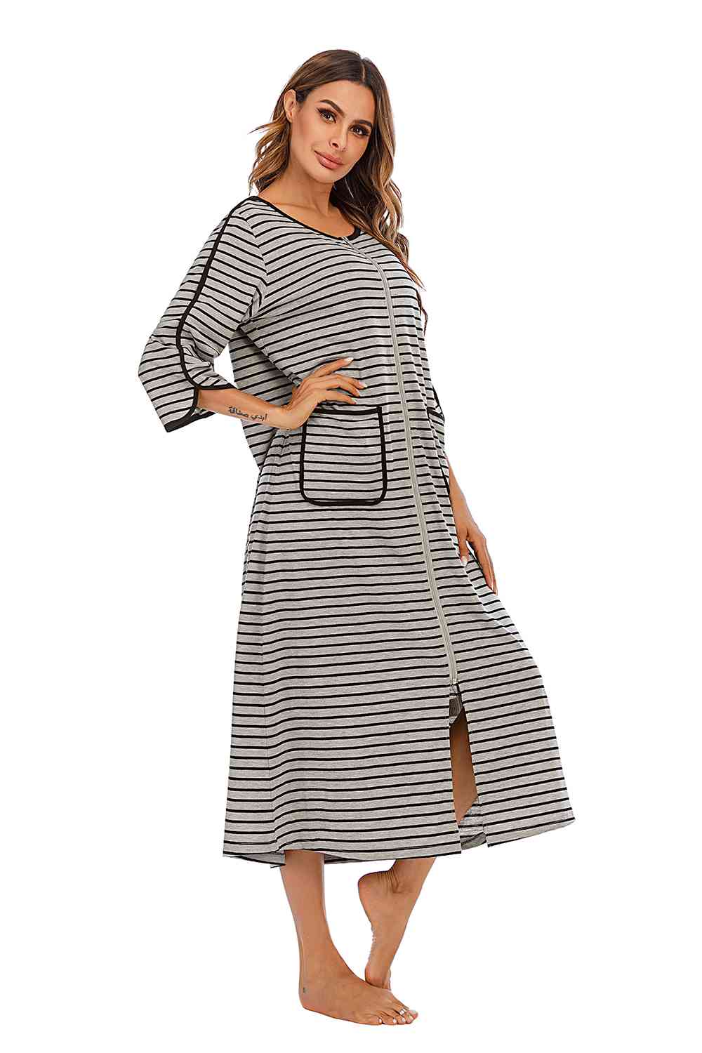 Round Neck Three-Quarter Sleeve Midi Night Dress BLUE ZONE PLANET