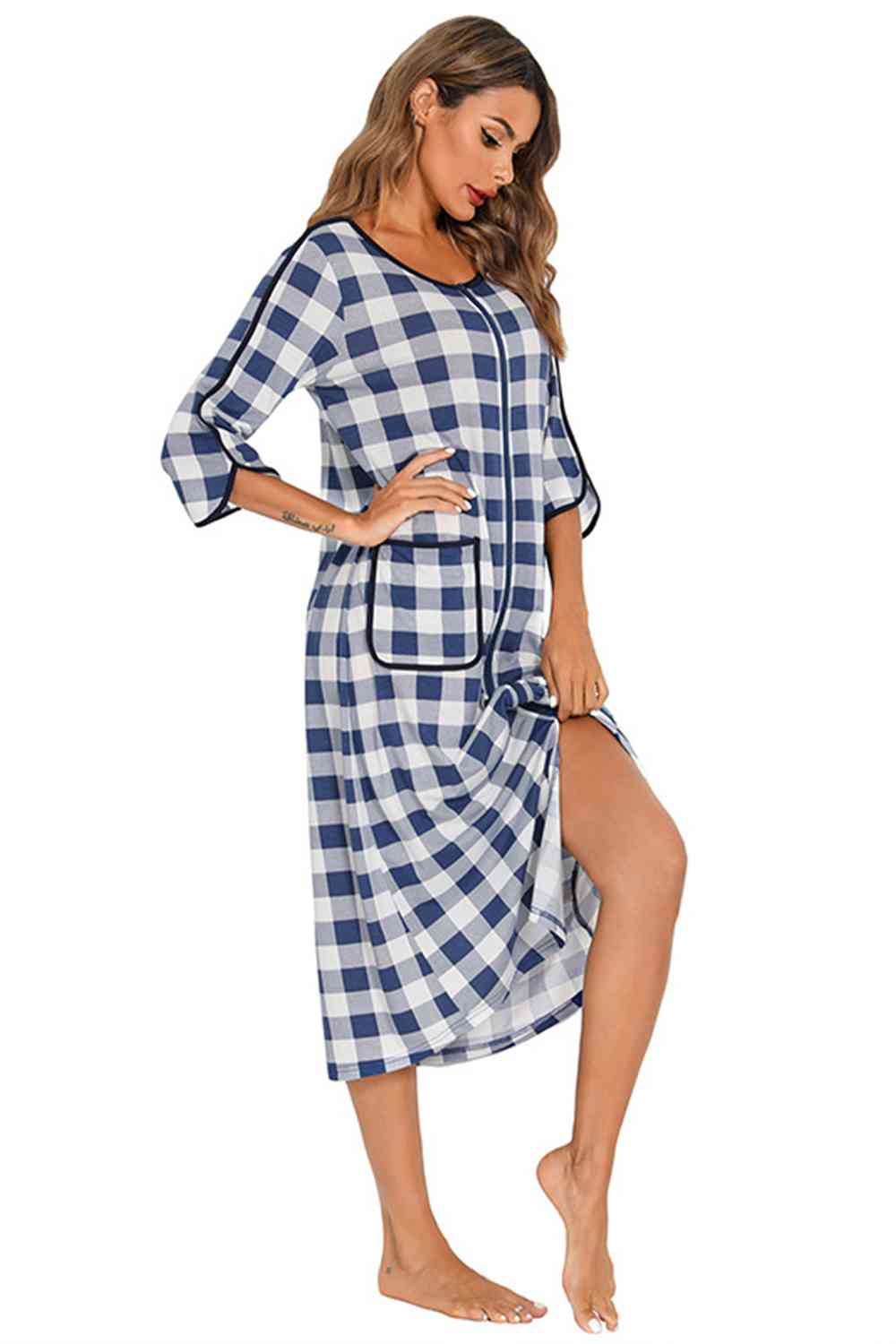 Round Neck Three-Quarter Sleeve Midi Night Dress BLUE ZONE PLANET