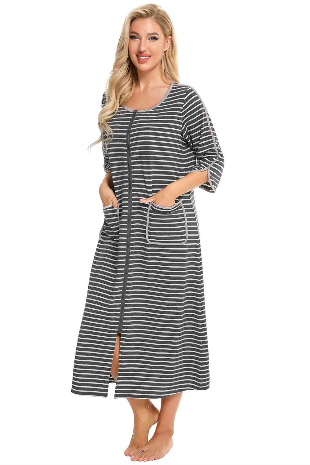 Round Neck Three-Quarter Sleeve Midi Night Dress BLUE ZONE PLANET