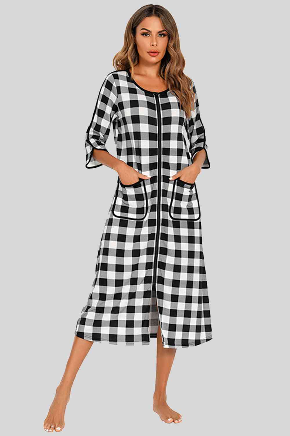 Round Neck Three-Quarter Sleeve Midi Night Dress BLUE ZONE PLANET