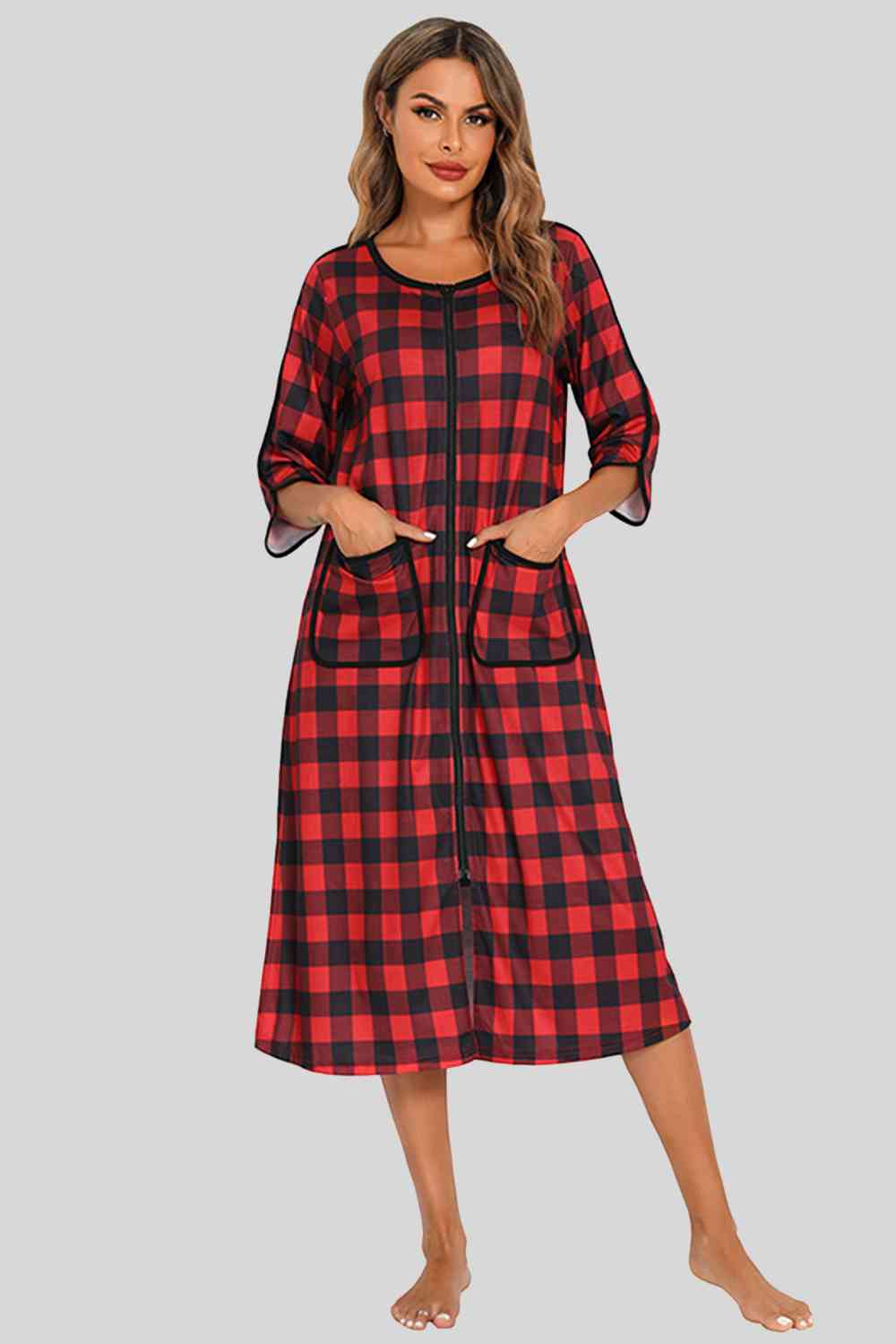 Round Neck Three-Quarter Sleeve Midi Night Dress BLUE ZONE PLANET