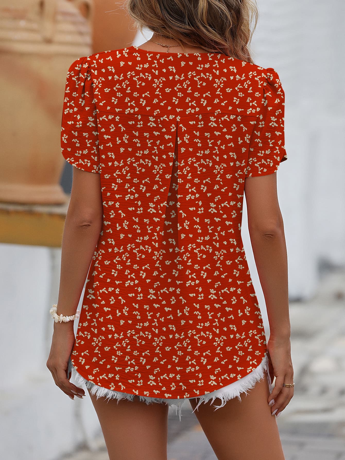 Ruche V-Neck Petal Sleeve Top BLUE ZONE PLANET