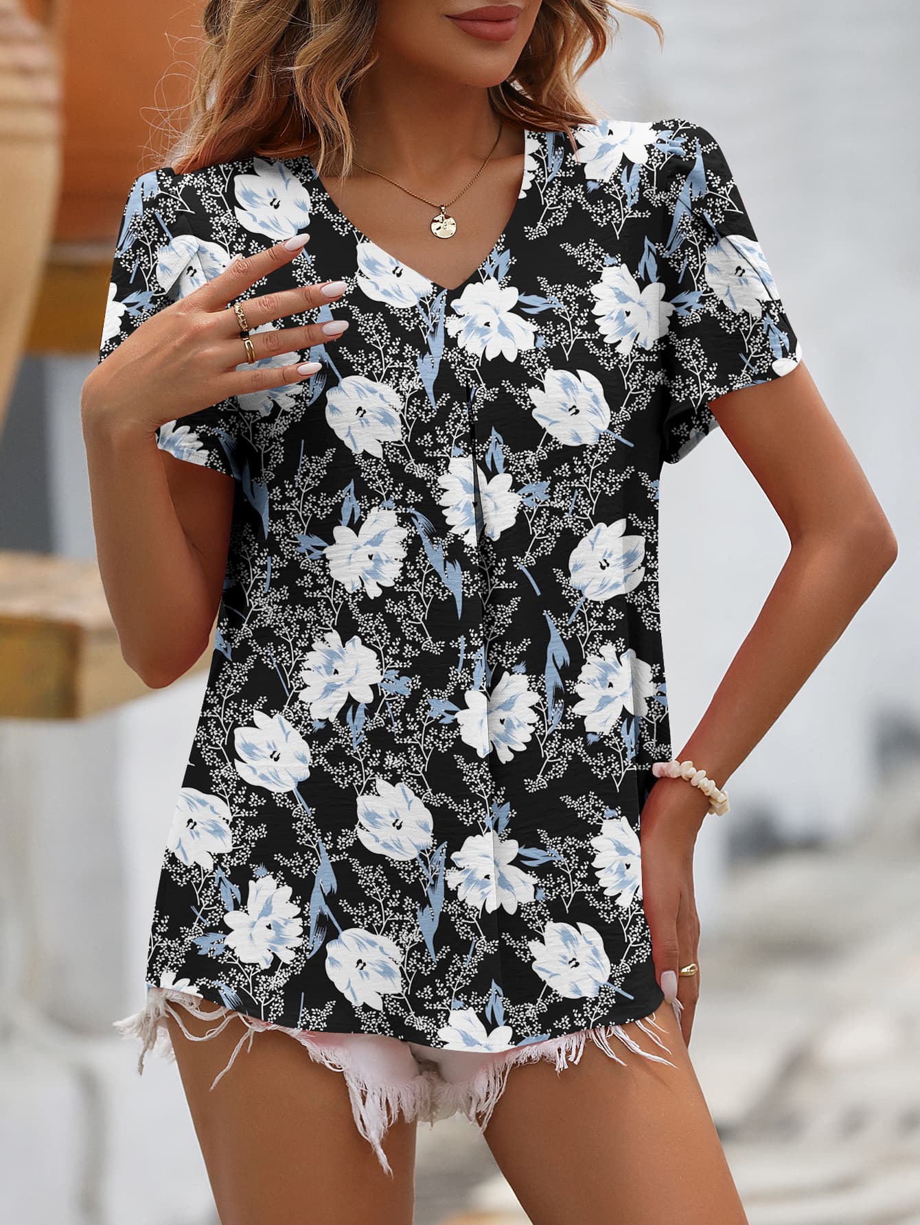 Ruche V-Neck Petal Sleeve Top BLUE ZONE PLANET