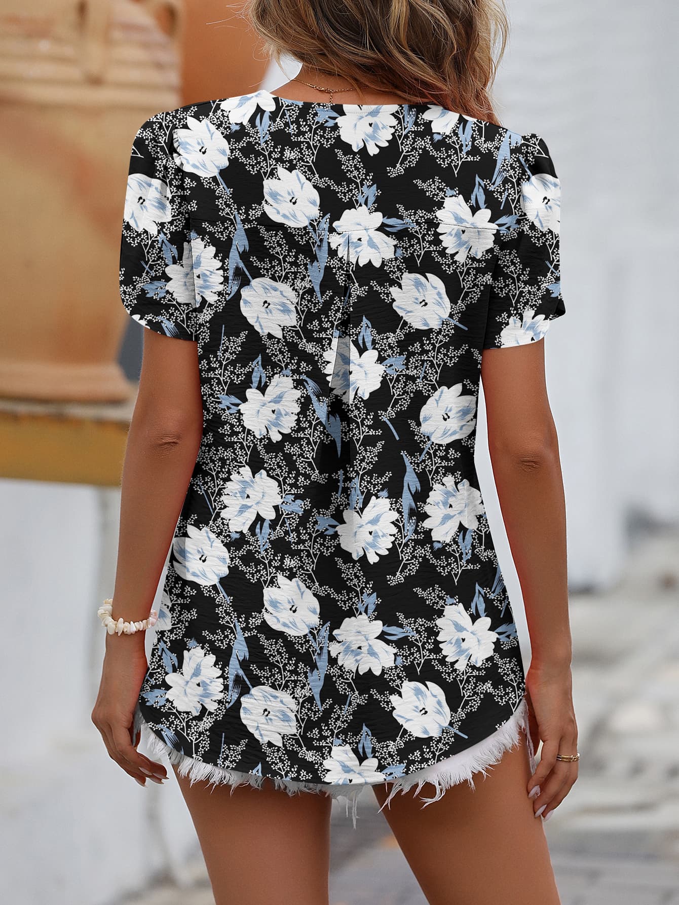 Ruche V-Neck Petal Sleeve Top BLUE ZONE PLANET