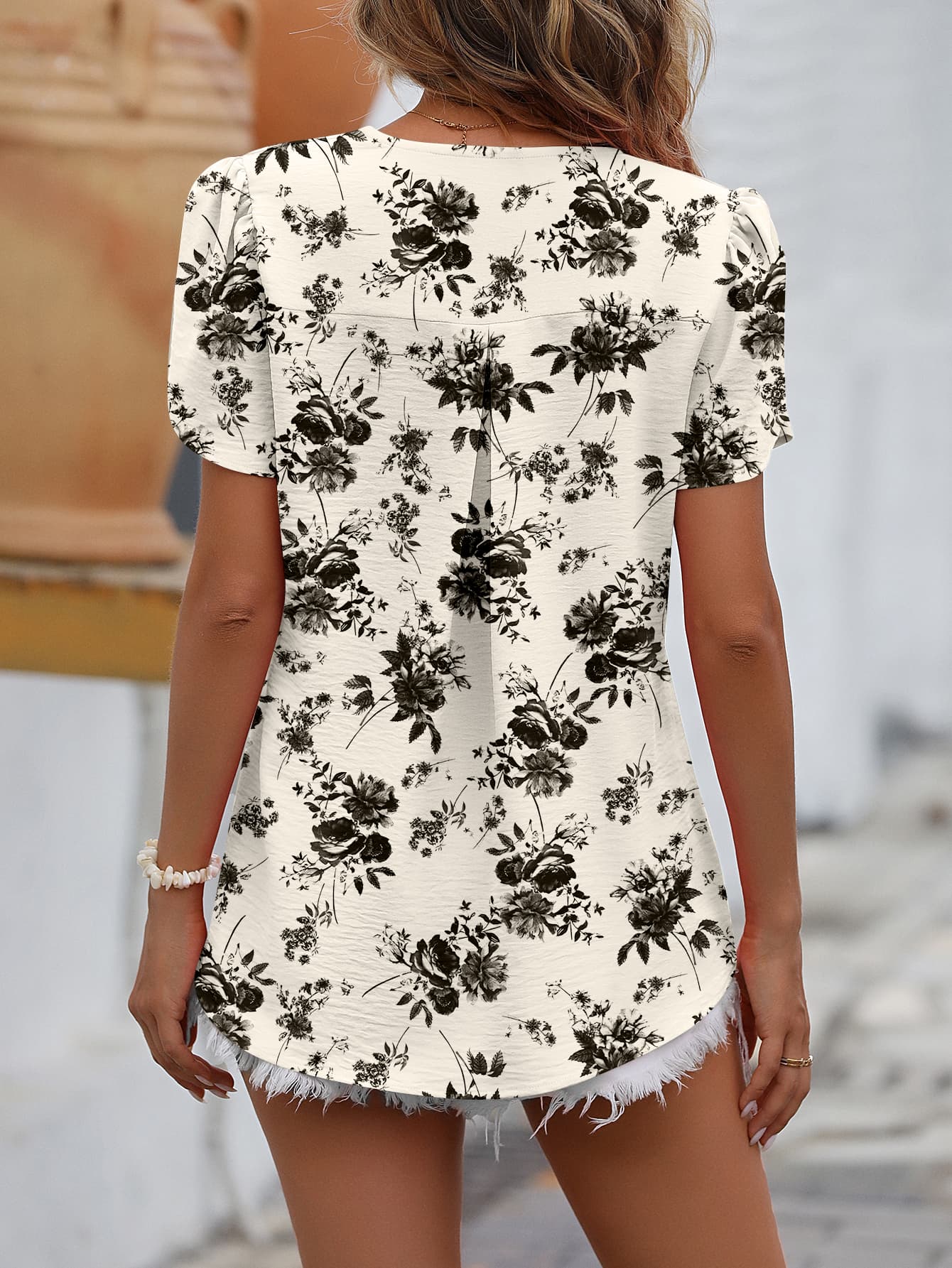 Ruche V-Neck Petal Sleeve Top BLUE ZONE PLANET