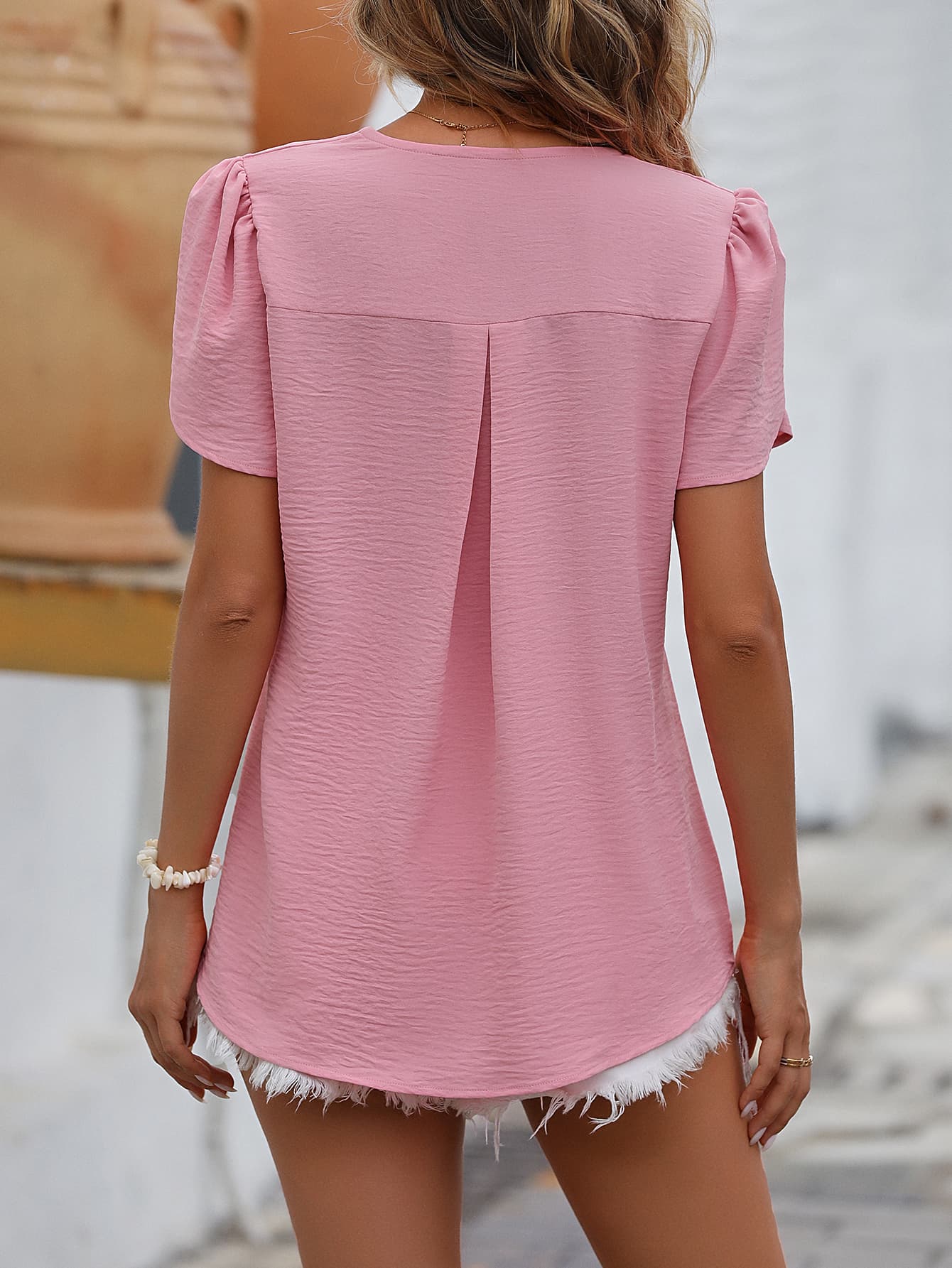 Ruche V-Neck Petal Sleeve Top BLUE ZONE PLANET