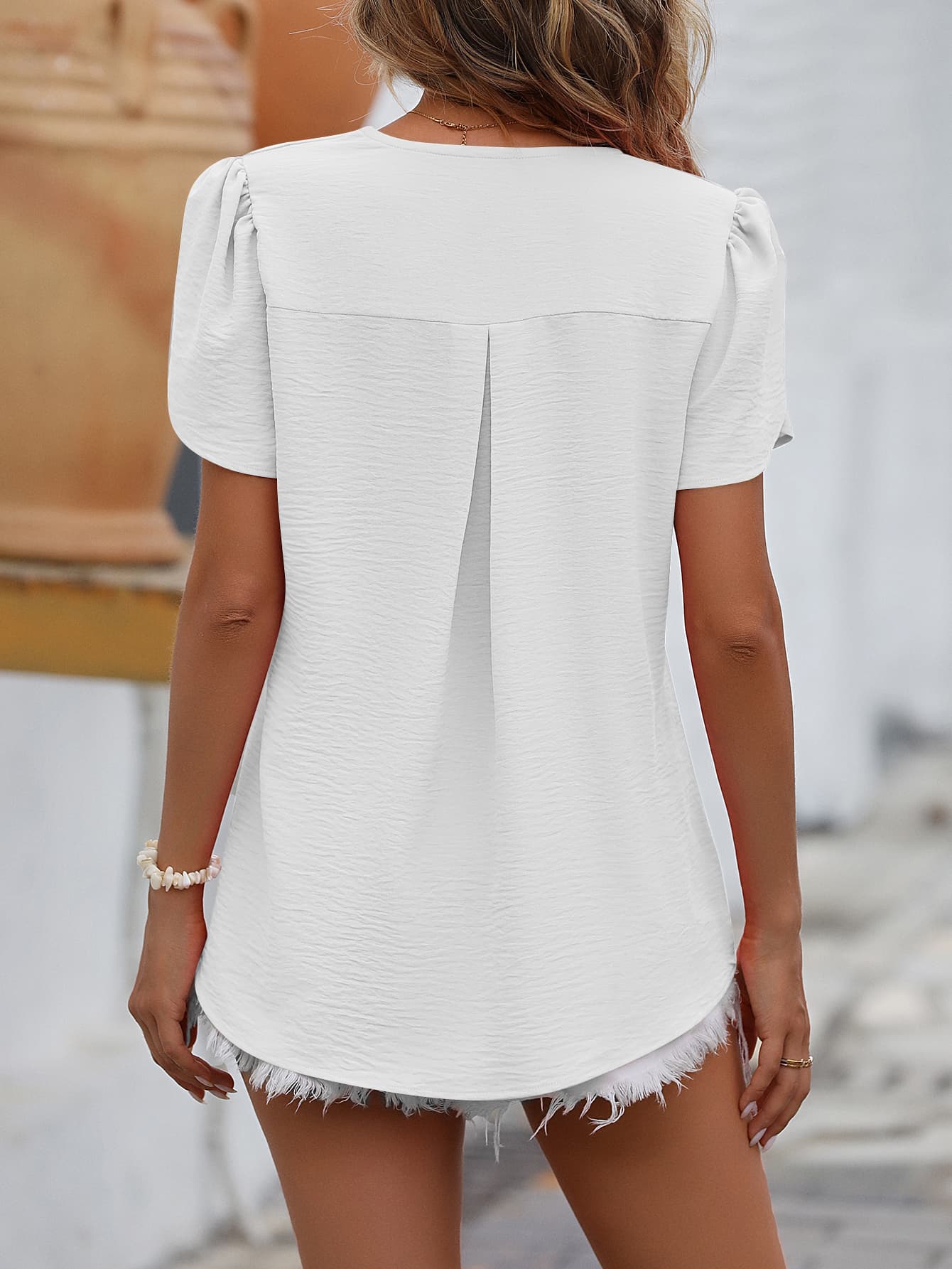 Ruche V-Neck Petal Sleeve Top BLUE ZONE PLANET