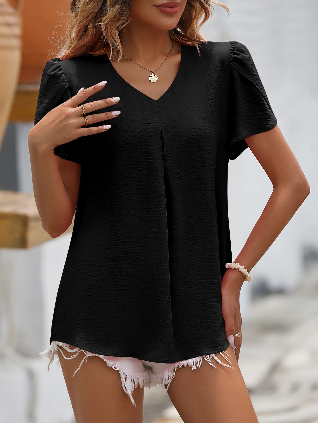 Ruche V-Neck Petal Sleeve Top BLUE ZONE PLANET