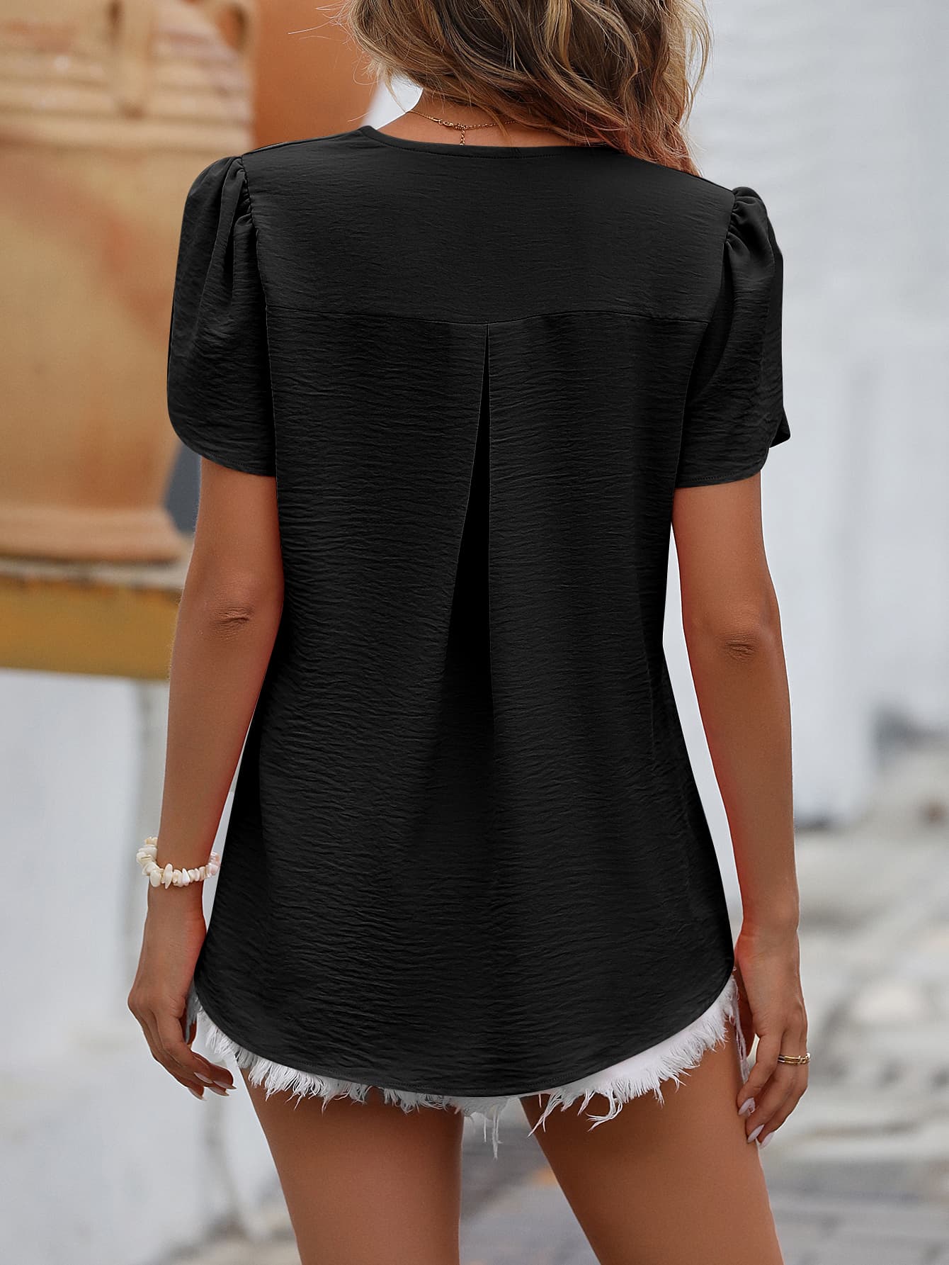 Ruche V-Neck Petal Sleeve Top BLUE ZONE PLANET