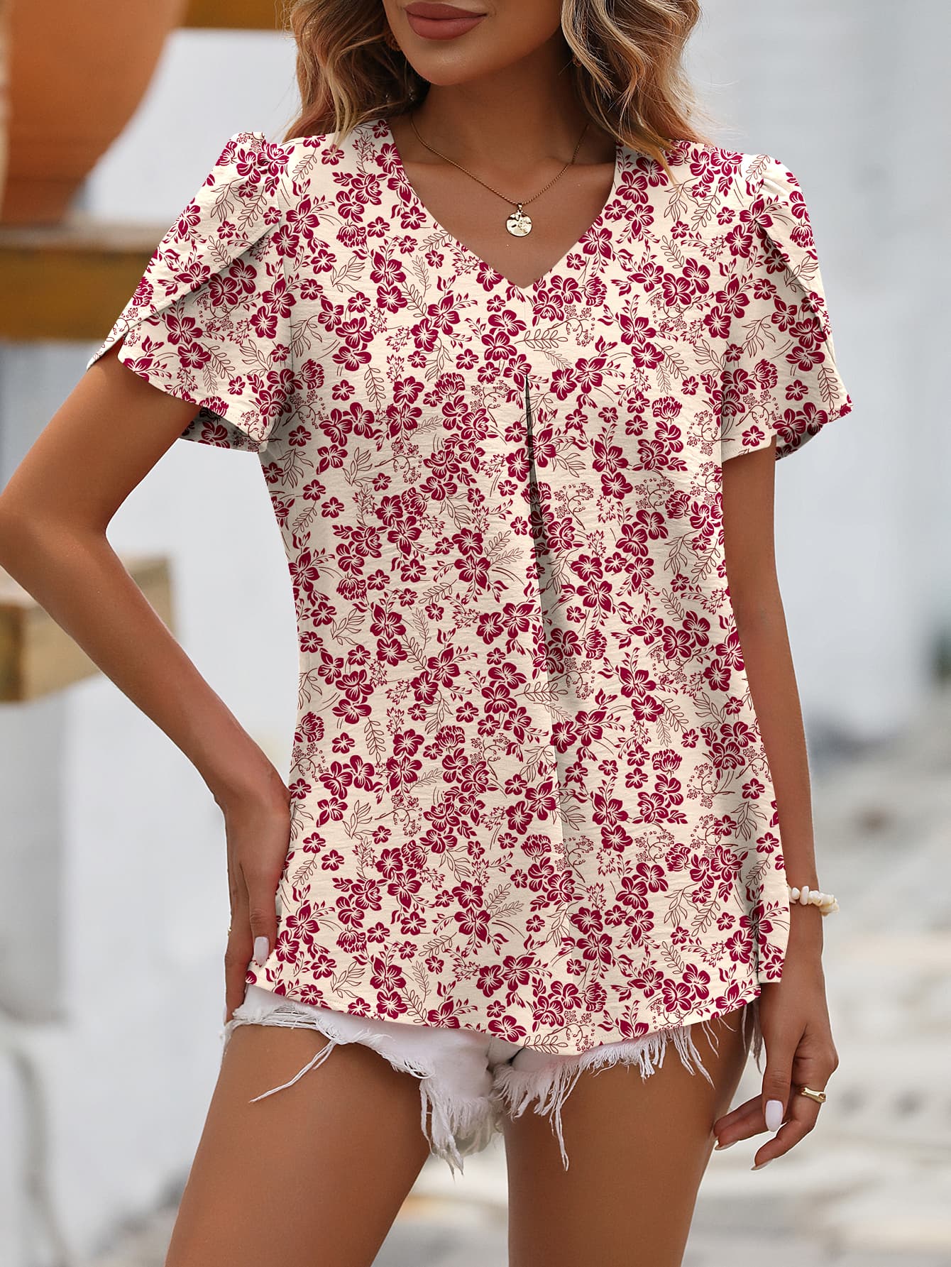 Ruche V-Neck Petal Sleeve Top BLUE ZONE PLANET