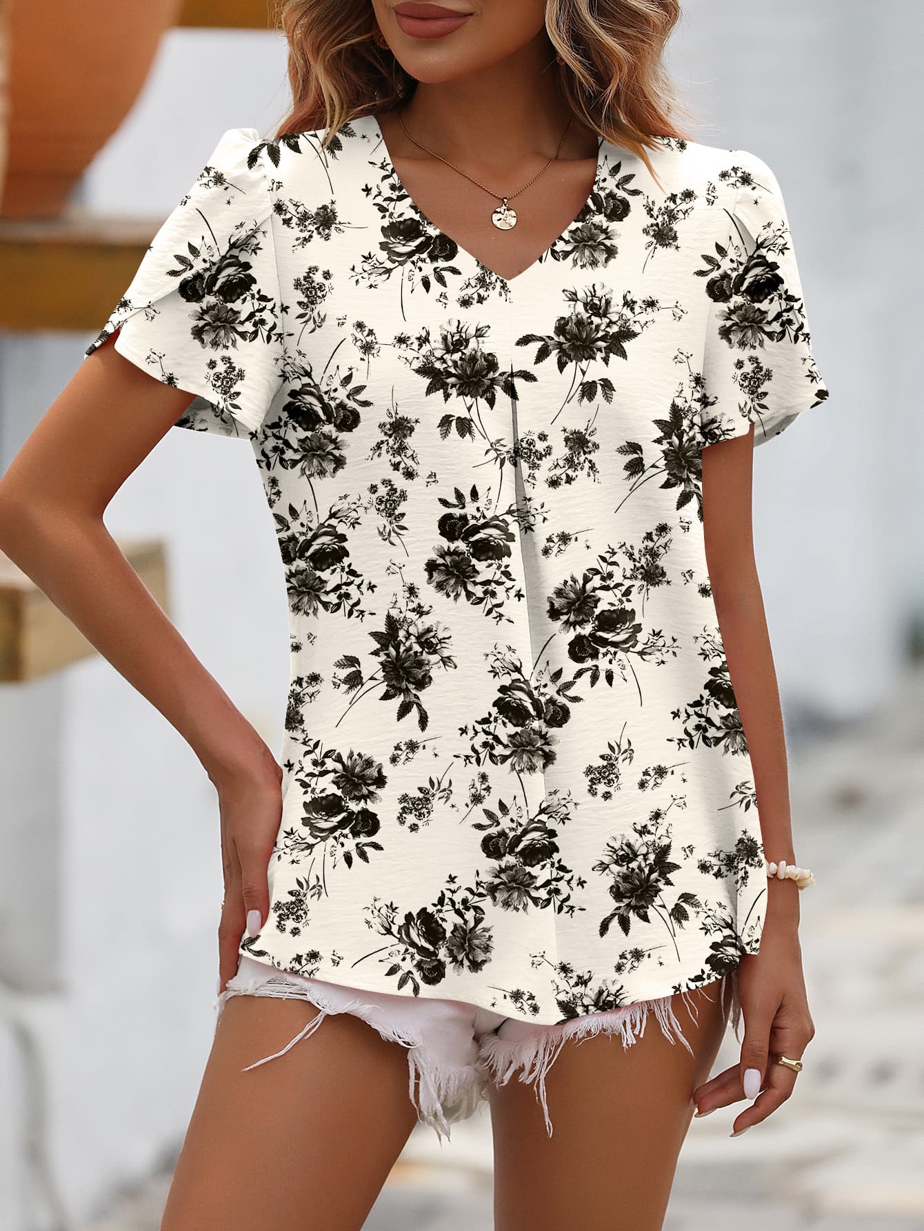 Ruche V-Neck Petal Sleeve Top BLUE ZONE PLANET