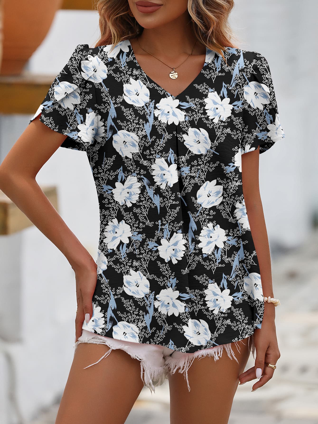 Ruche V-Neck Petal Sleeve Top BLUE ZONE PLANET