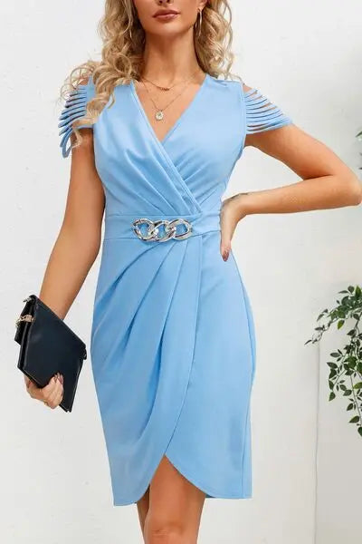 Ruched Surplice Cap Sleeve Mini Dress BLUE ZONE PLANET